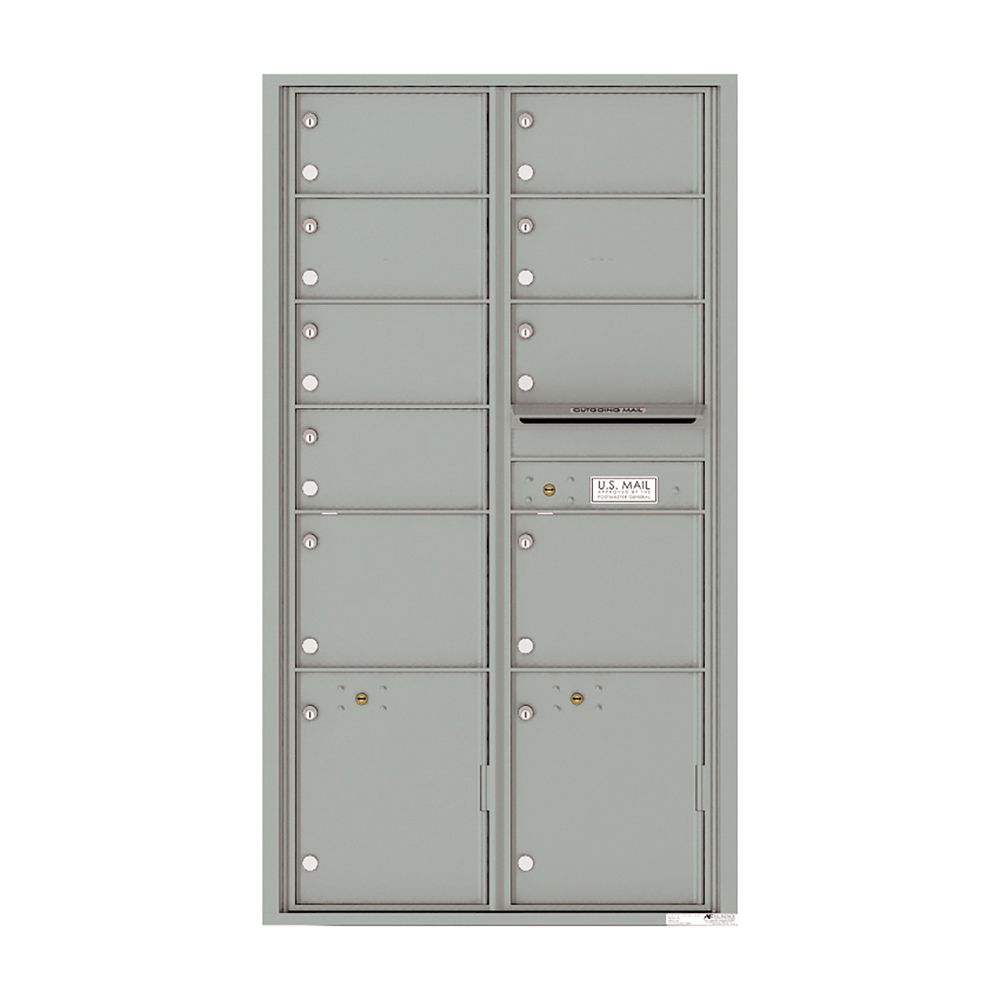 Gray metal cluster mailbox unit with multiple compartments and an outgoing mail slot.