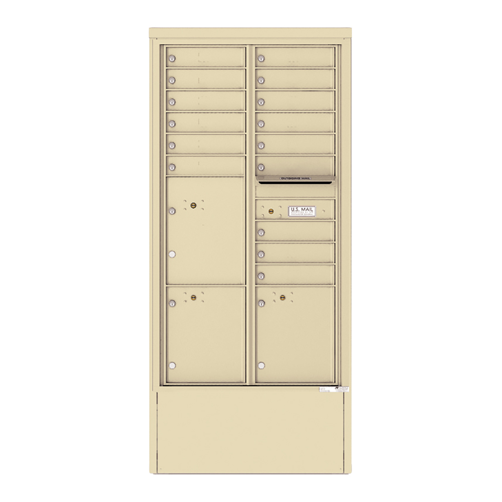 Tan multi-unit mailbox with various compartments and a U.S. Mail label.