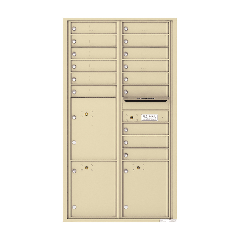Beige multi-unit mailbox with individual compartments and a U.S. Mail slot.