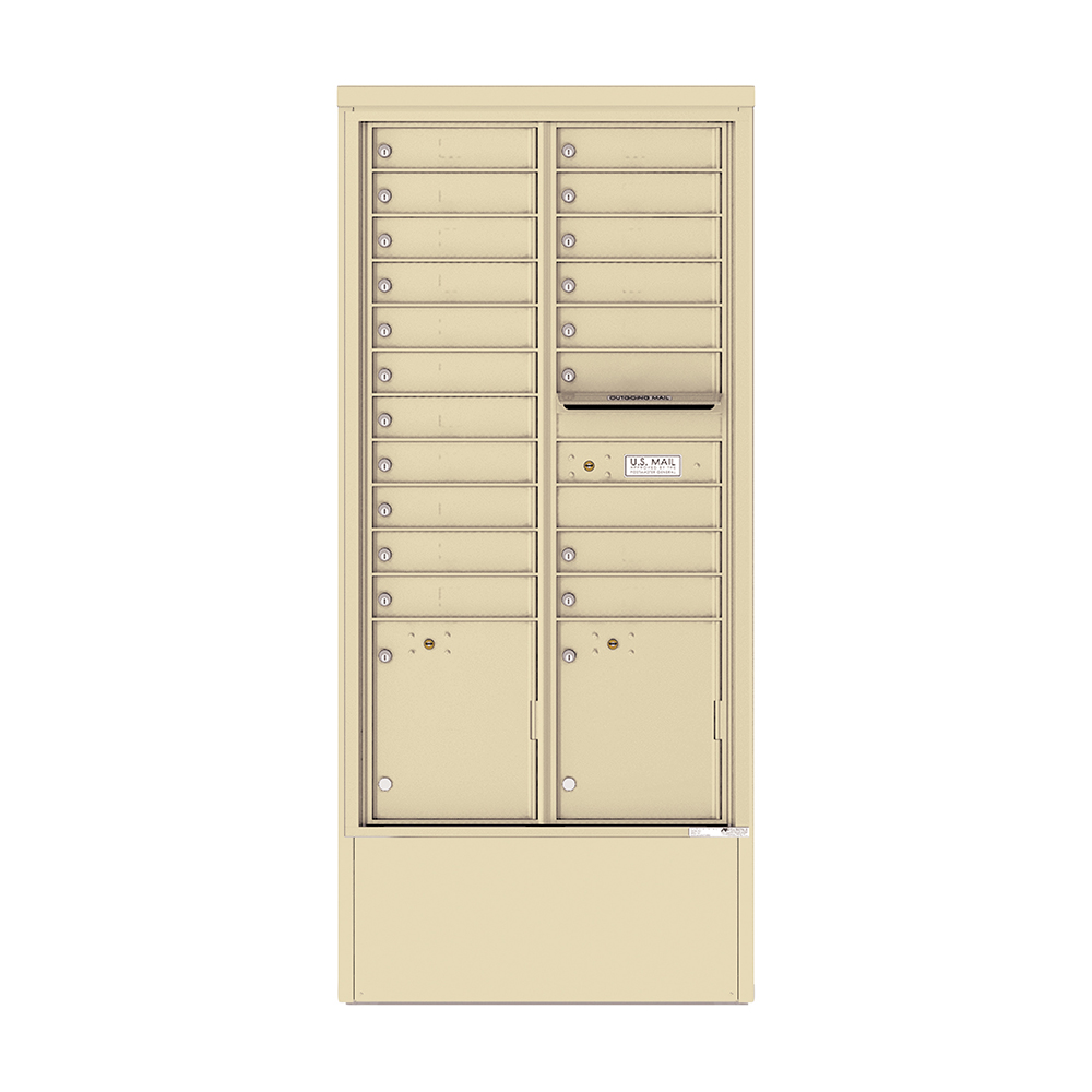 Tan multi-unit mailbox with multiple compartments and a U.S. Mail slot.