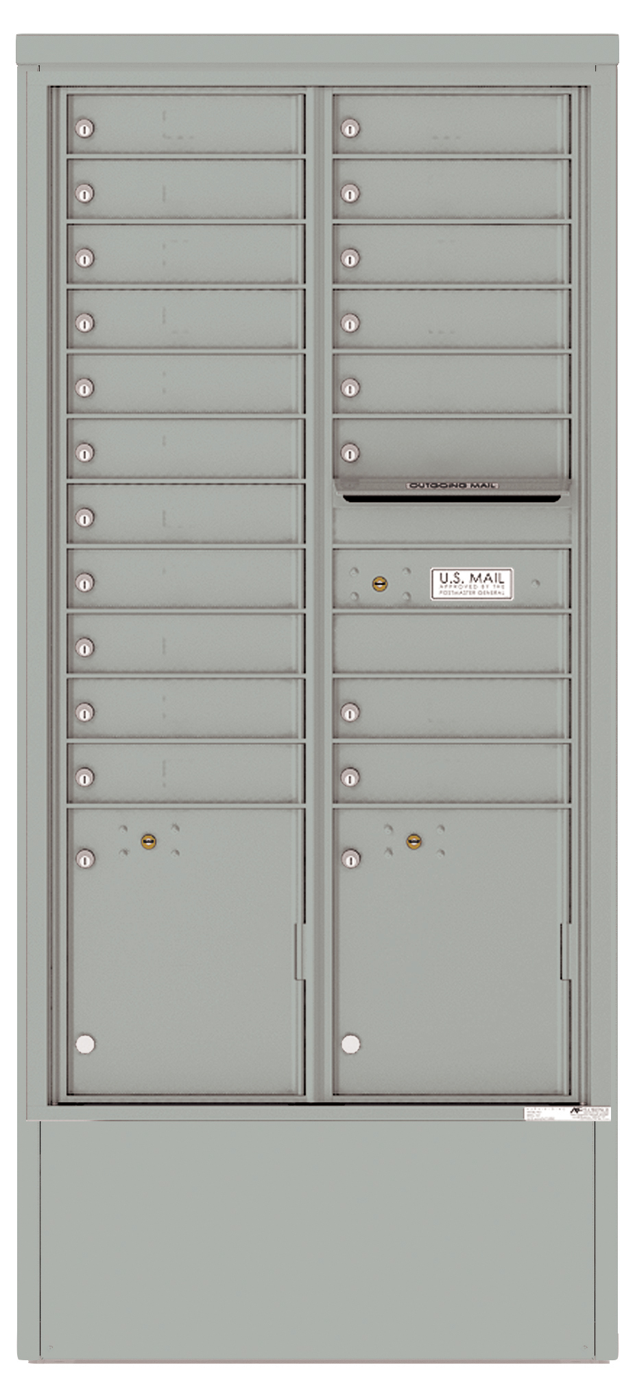 Gray metal cluster mailbox unit with multiple locked compartments and a U.S. Mail slot.