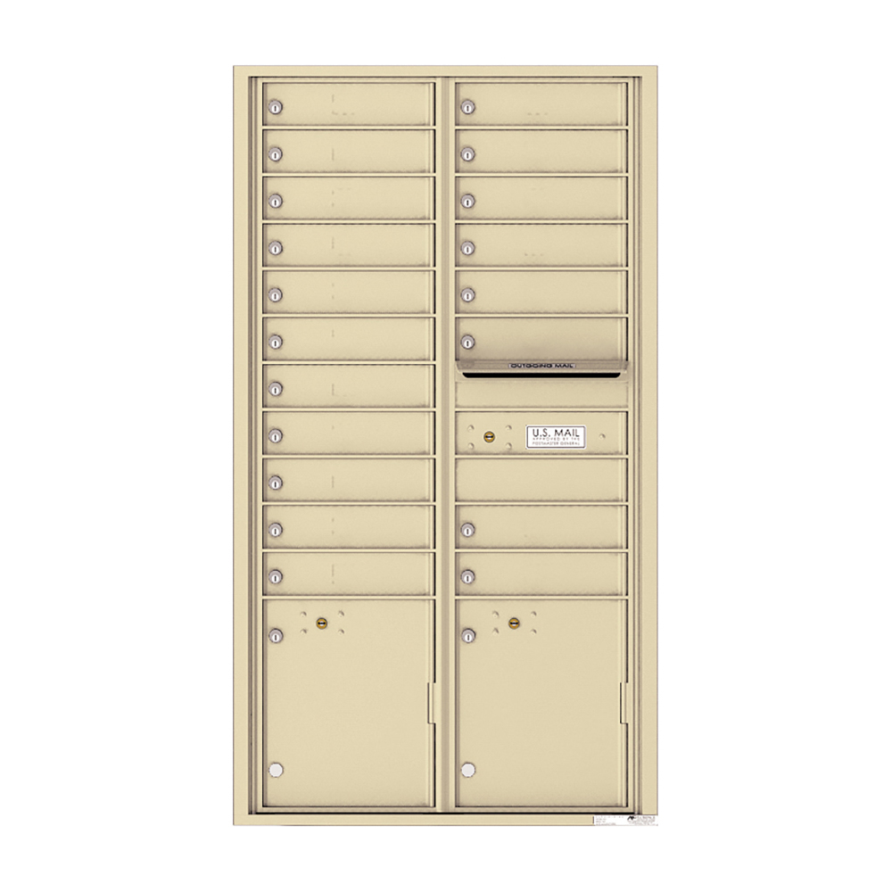 Beige multi-unit mailbox with individual locked compartments and a U.S. Mail slot.