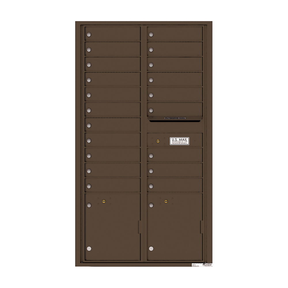 Brown multi-unit mailbox with multiple compartments and a U.S. Mail label.