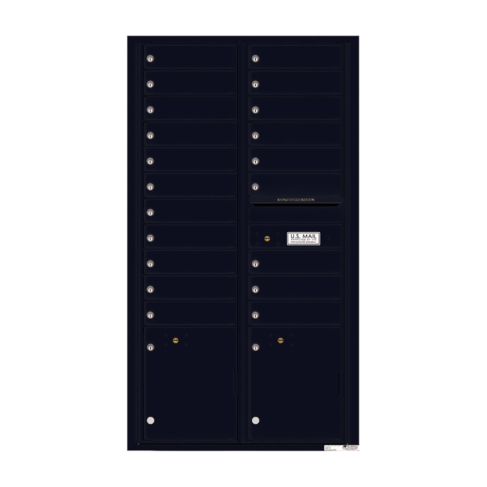 Black multi-unit mailbox with multiple compartments and a U.S. Mail label.