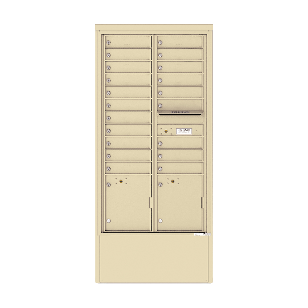 Tan multi-unit mailbox with multiple compartments and a U.S. Mail slot.