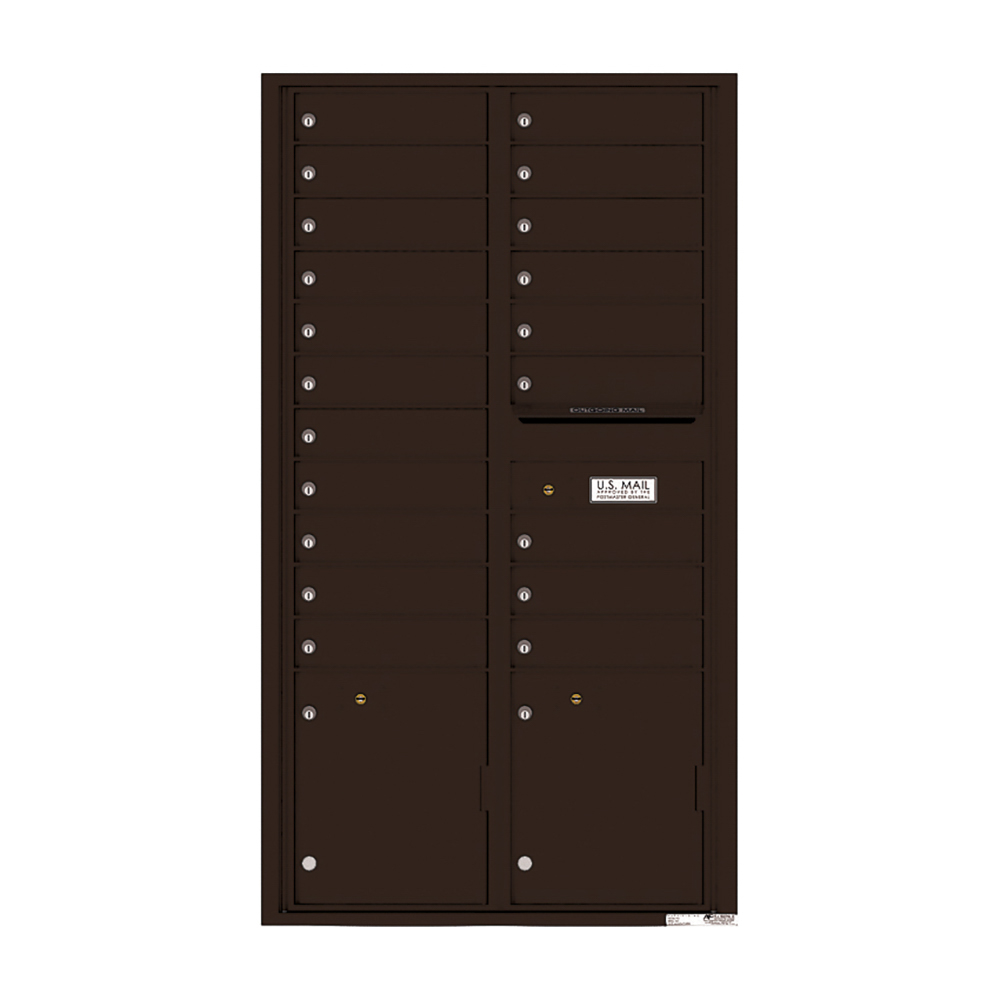 Dark brown multi-unit mailbox with individual locked compartments and U.S. Mail label.