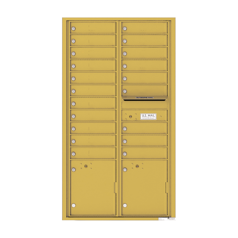 Yellow multi-unit mailbox with individual locked compartments and a U.S. Mail label.