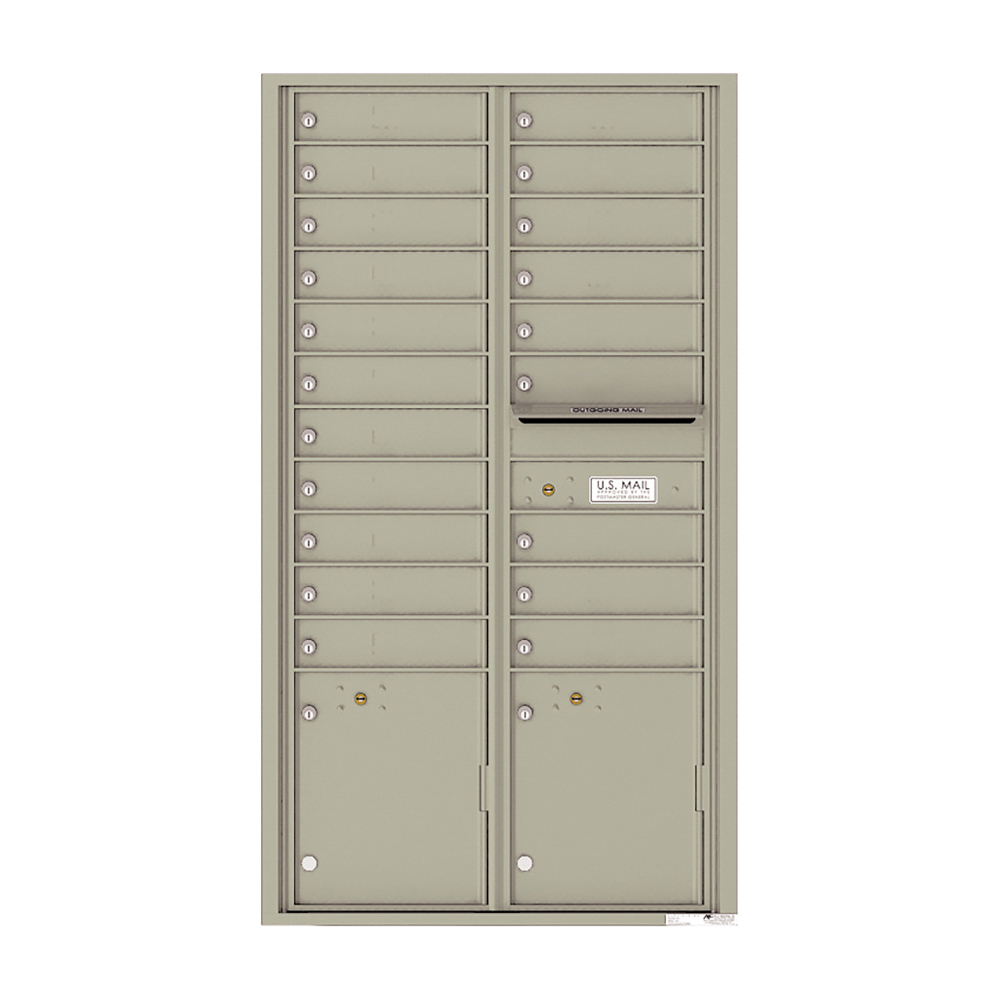 Gray metal cluster mailbox with multiple compartments and a U.S. Mail label.