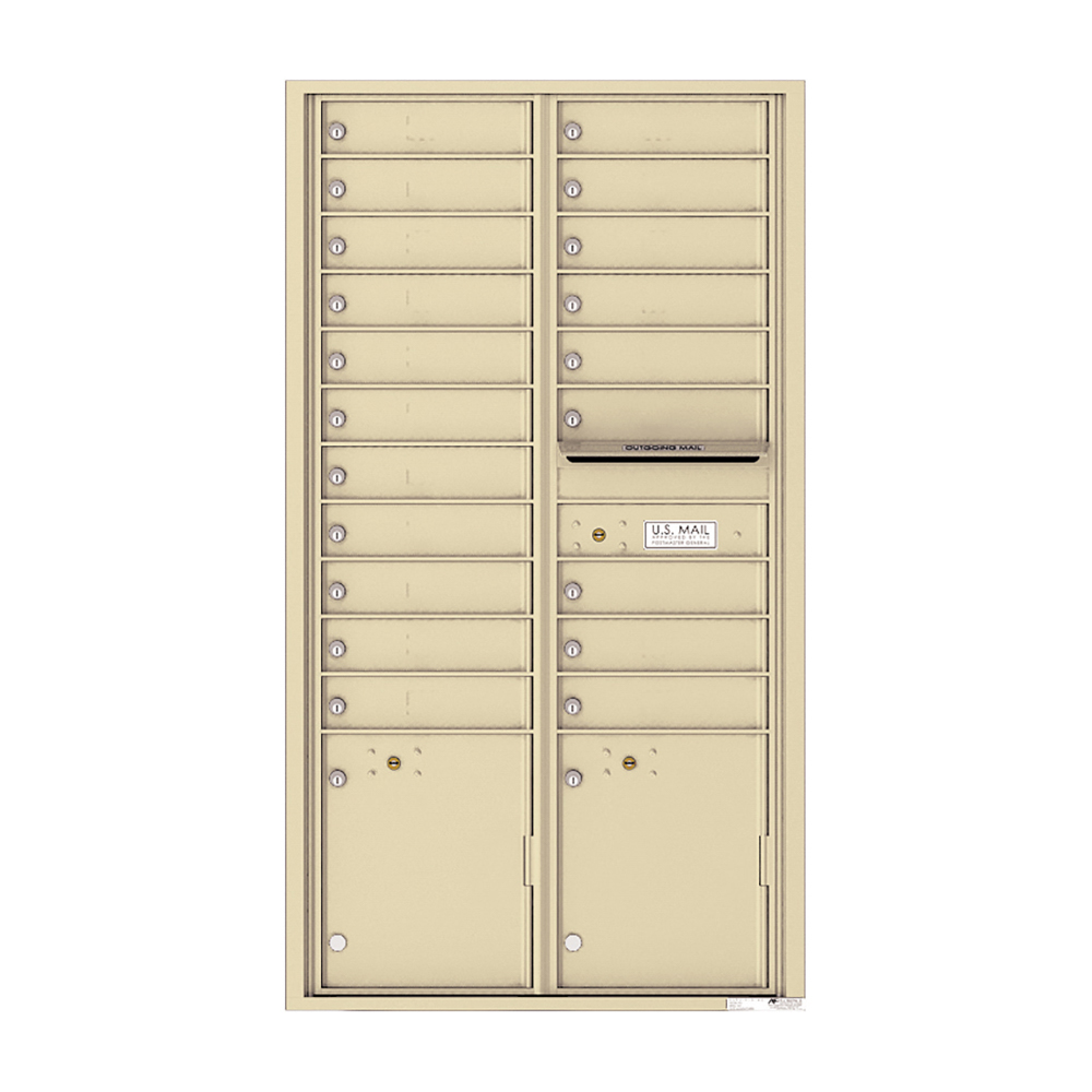 Beige multi-unit mailbox with individual locked compartments and a U.S. Mail slot.