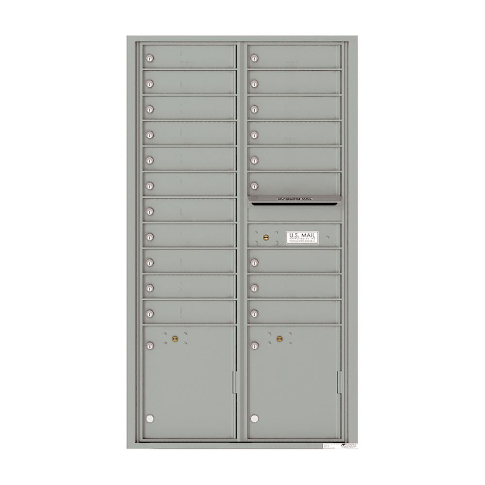 Gray metal cluster mailbox unit with multiple compartments and a U.S. Mail label.