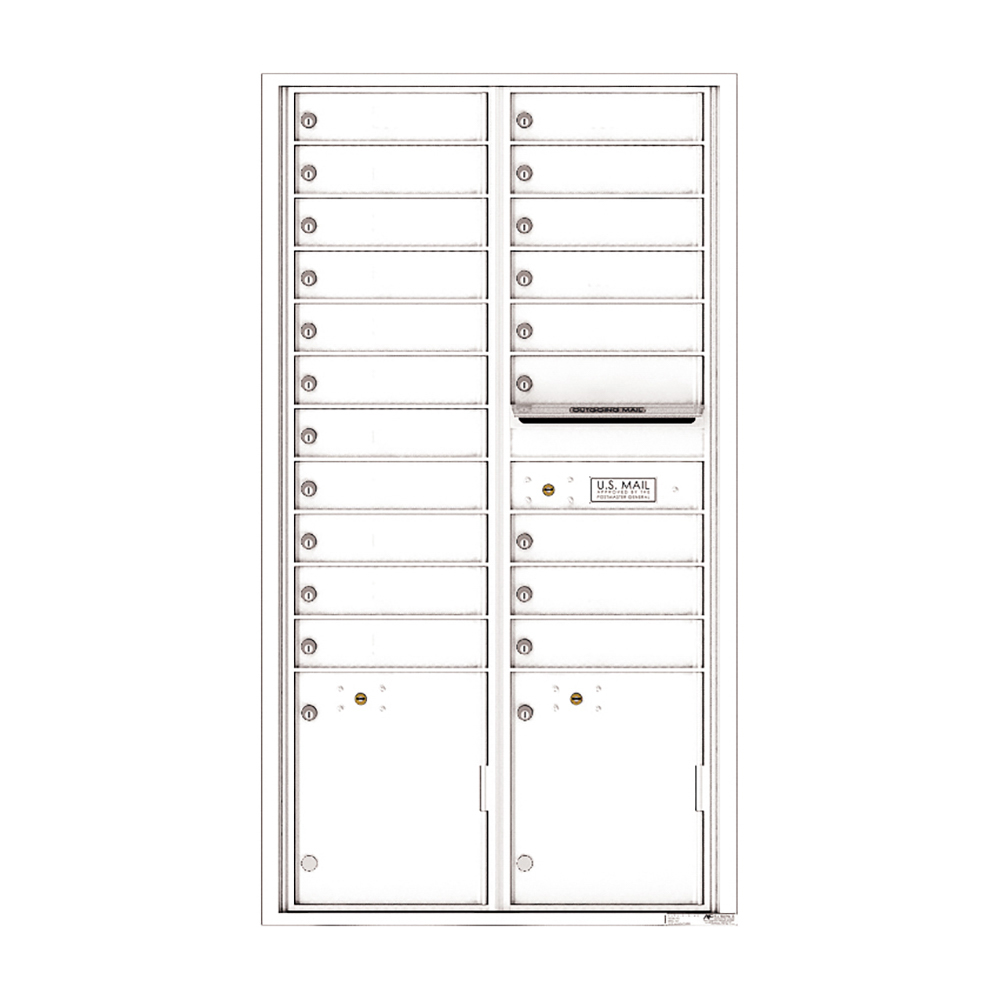 White multi-unit mailbox with individual compartments and a U.S. Mail label.