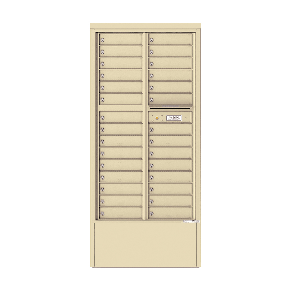 Beige multi-unit mailbox with individual locked compartments and a U.S. Mail slot.