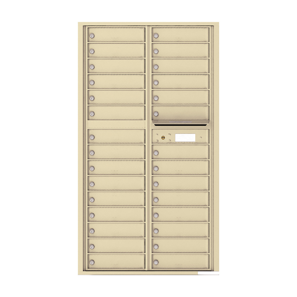 Beige multi-unit mailbox with individual locked compartments.