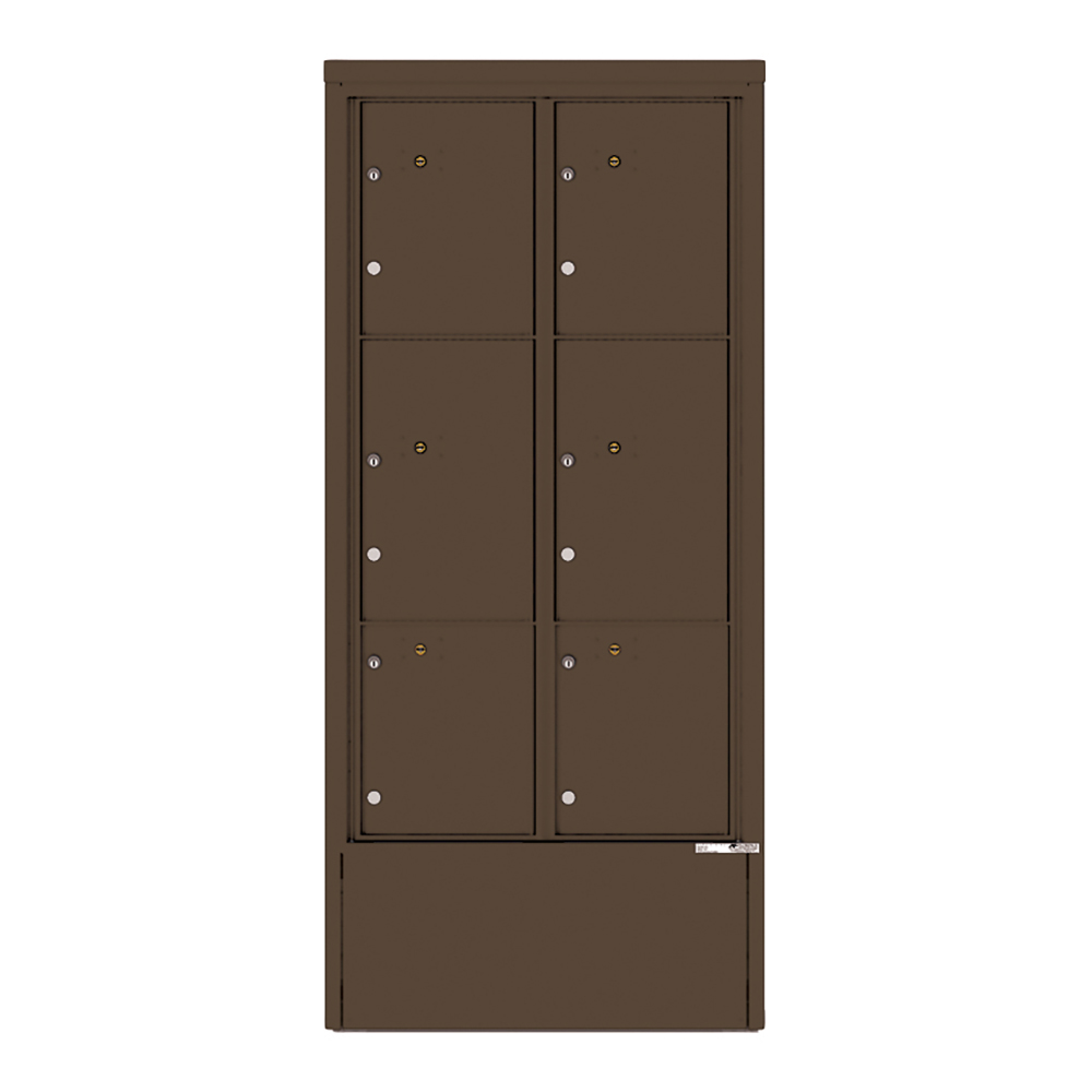 Brown metal locker with six compartments and key locks, front view.