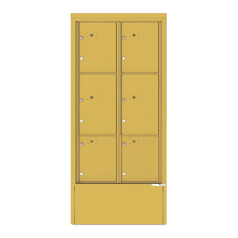 Yellow six-door metal locker cabinet with a flat top and secure locks.