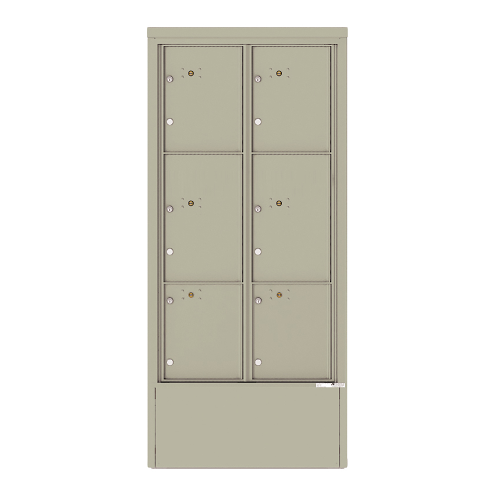 Six-door beige metal locker cabinet with key locks, front view.