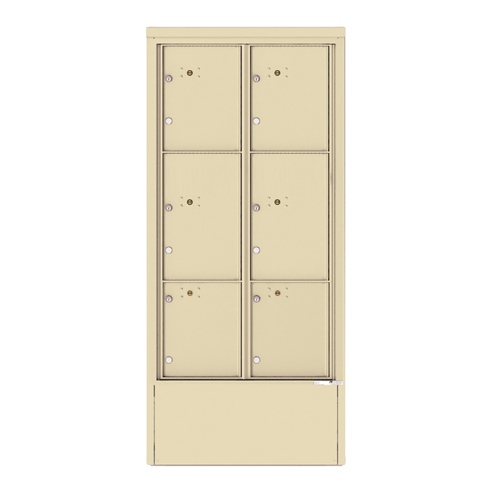 Beige six-door metal locker cabinet with keyholes.