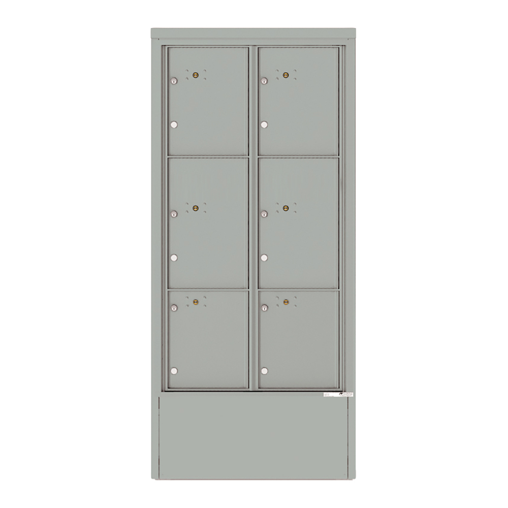 Gray metal locker unit with six compartments and keyholes.