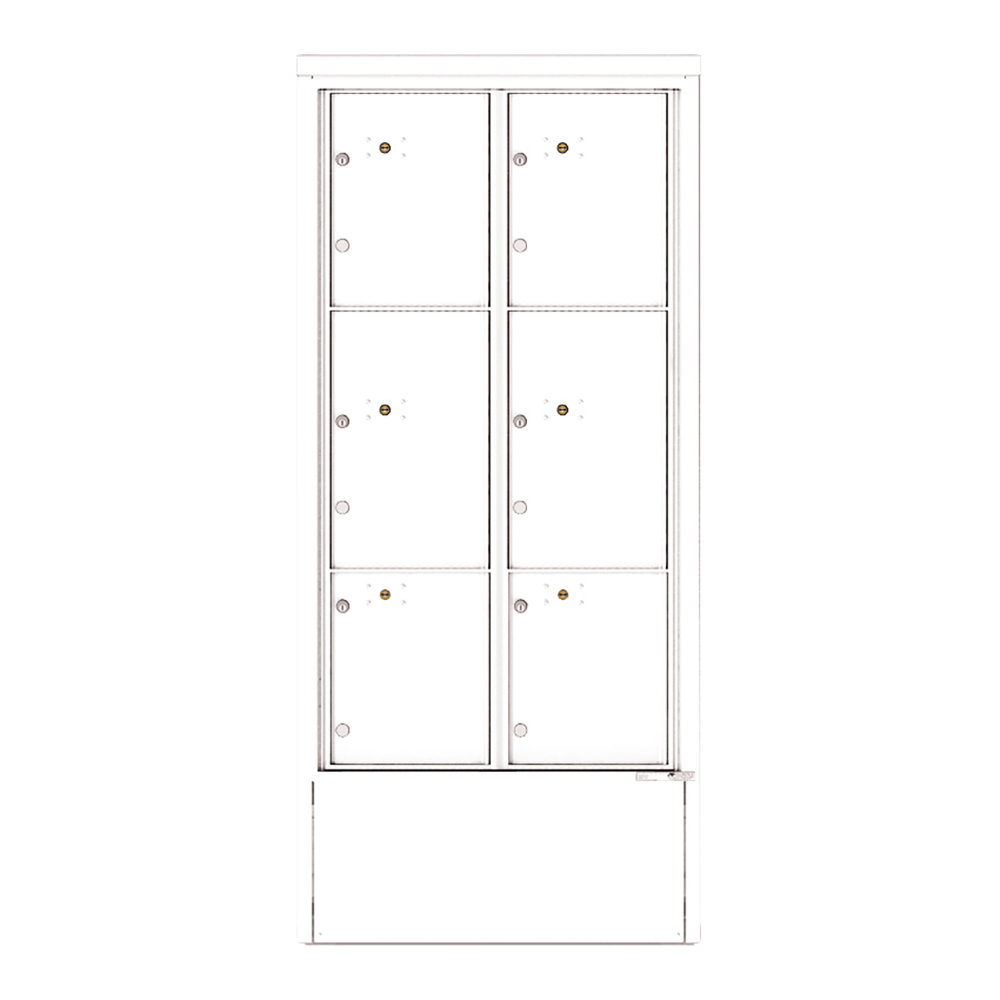 White six-door metal locker cabinet with locks.
