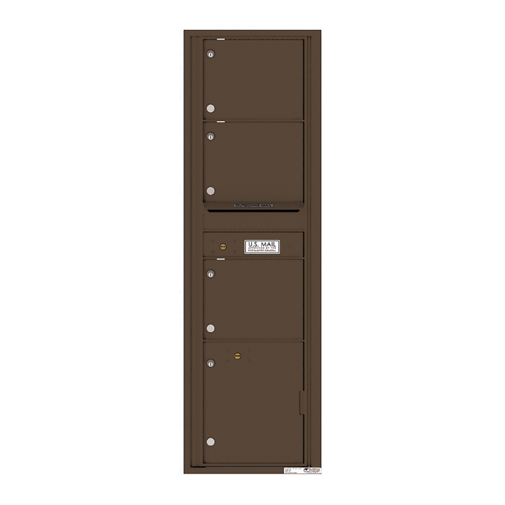 Brown multi-unit mailbox with four compartments and a U.S. Mail label.