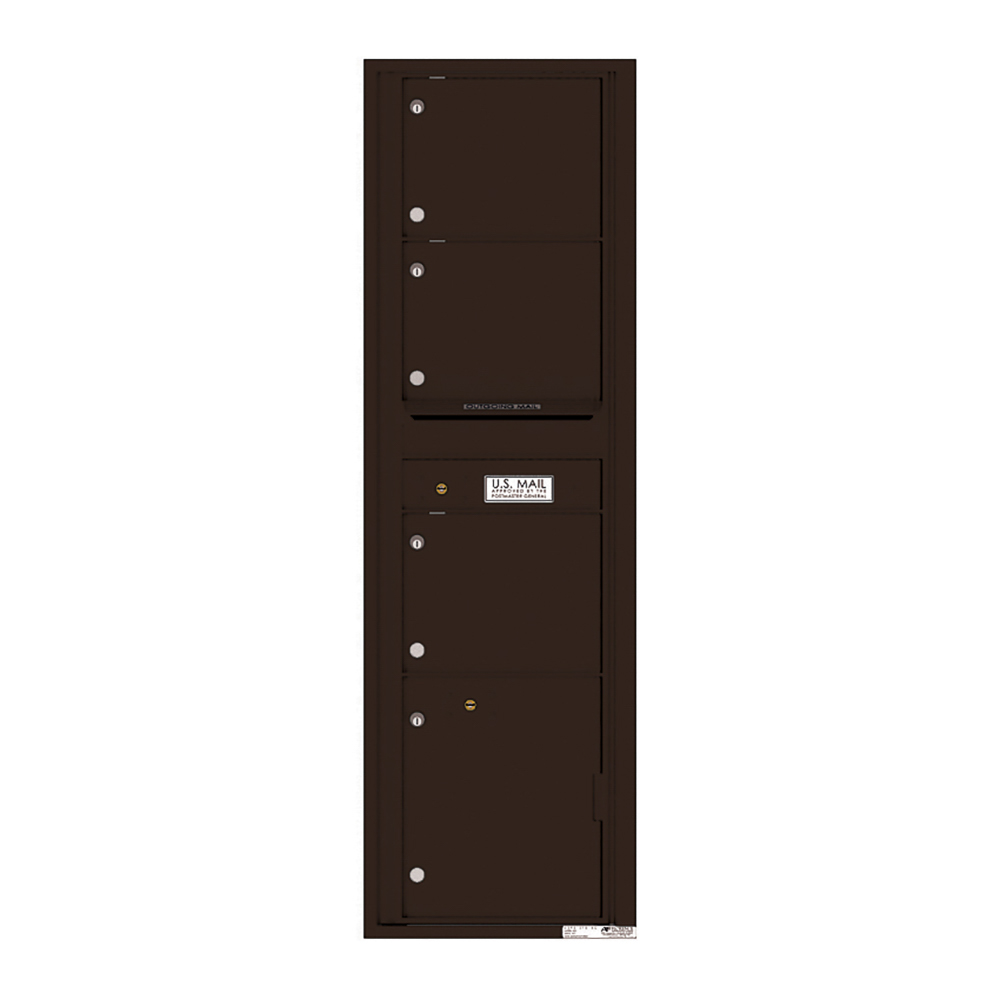 Dark bronze multi-unit mailbox with four compartments and U.S. Mail label.