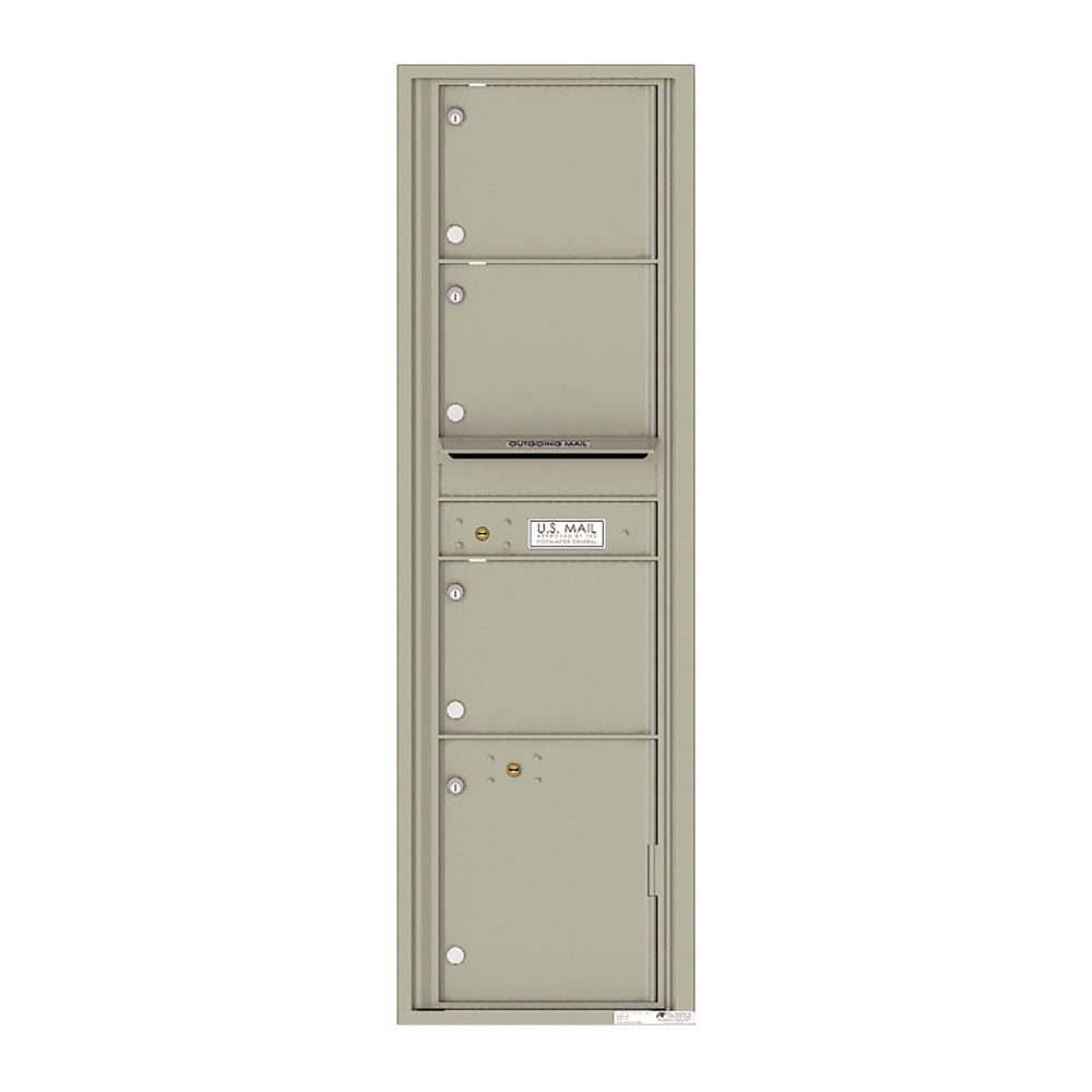 Vertical beige metal mailbox unit with multiple compartments and U.S. Mail label.