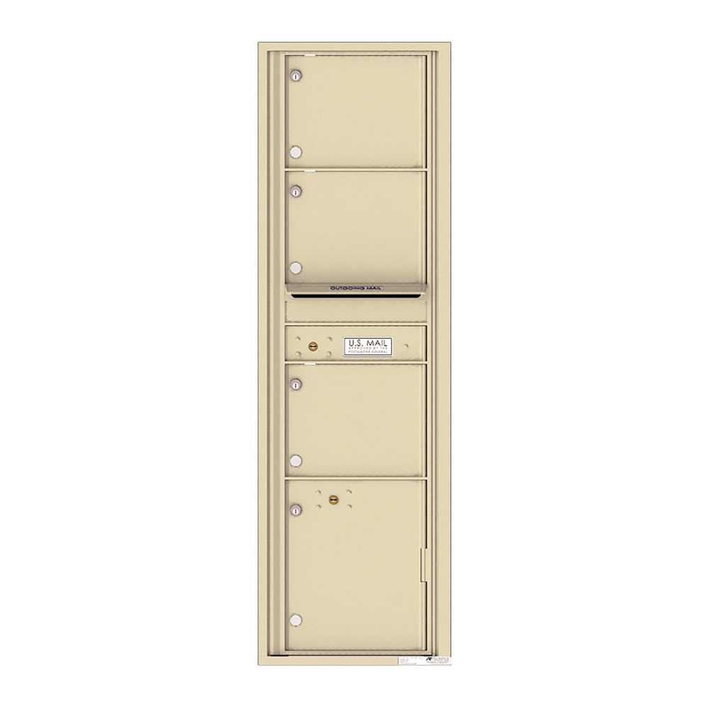 Beige multi-unit mailbox with four compartments and a U.S. Mail label.