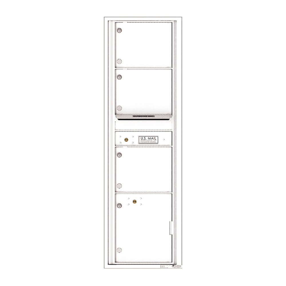 White vertical mailbox unit with multiple compartments and U.S. Mail label.