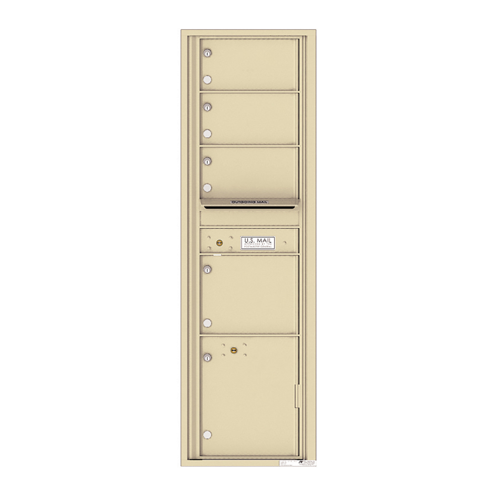 Beige multi-unit mailbox with five compartments and U.S. Mail label.