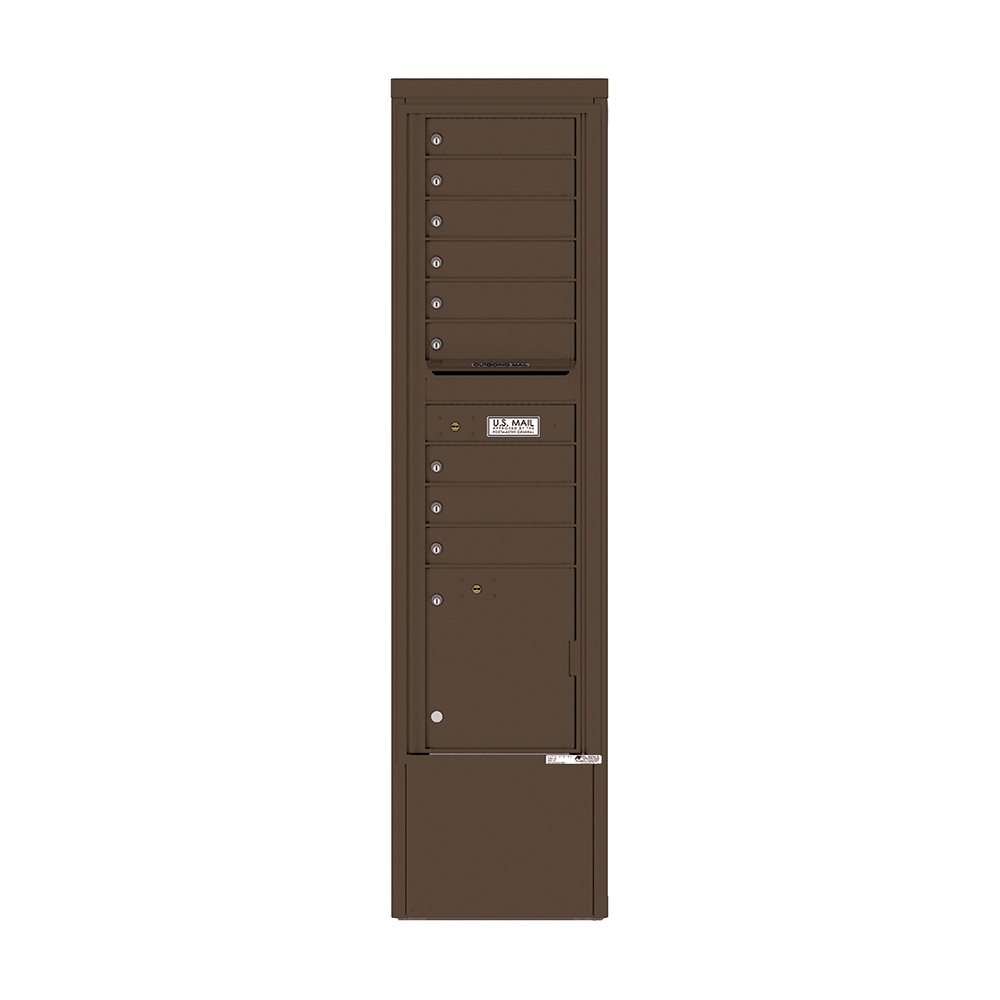 Brown vertical cluster mailbox with multiple compartments and a U.S. Mail label.