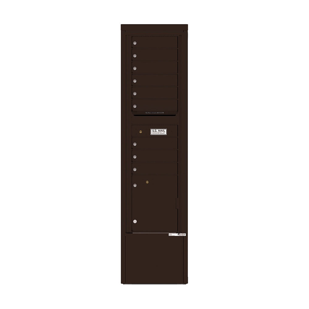 Dark brown vertical mailbox unit with multiple compartments and a U.S. Mail label.