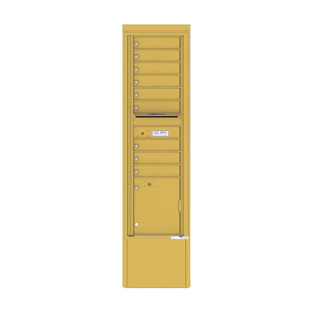 Yellow multi-unit mailbox with individual locked compartments and a mail slot.