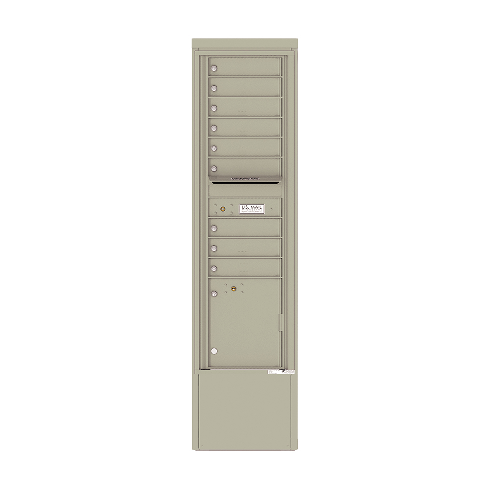 Tall beige metal mailbox unit with multiple compartments and a U.S. Mail label.