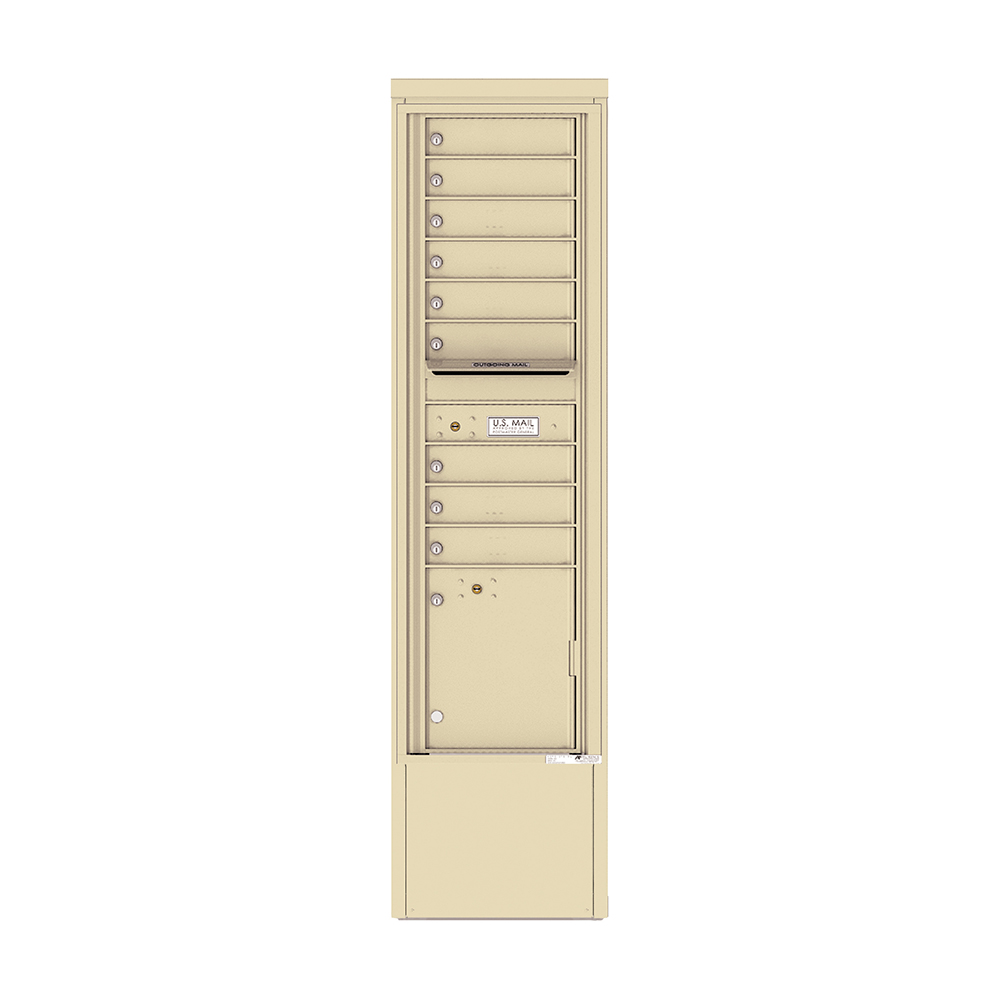 Beige multi-unit mailbox with parcel locker and mail slots, front view.