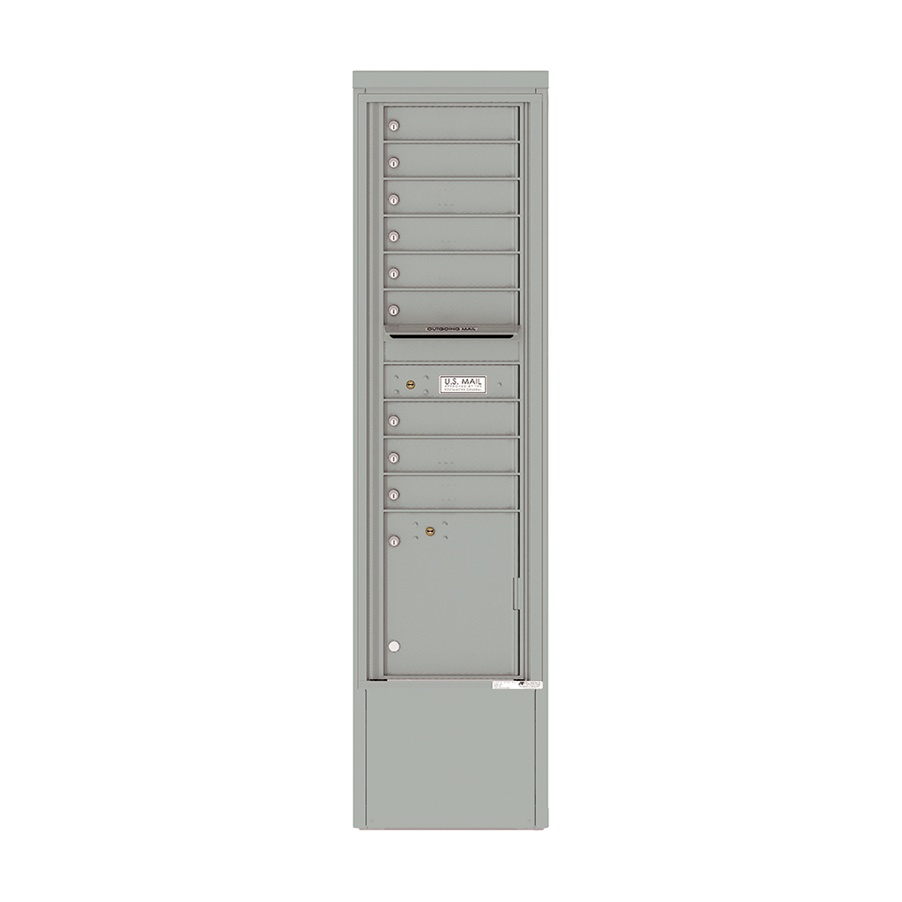 Gray vertical mailbox unit with multiple compartments and a U.S. Mail label.