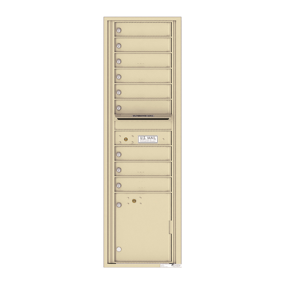 Beige multi-unit mailbox with individual locks and an outgoing mail slot.