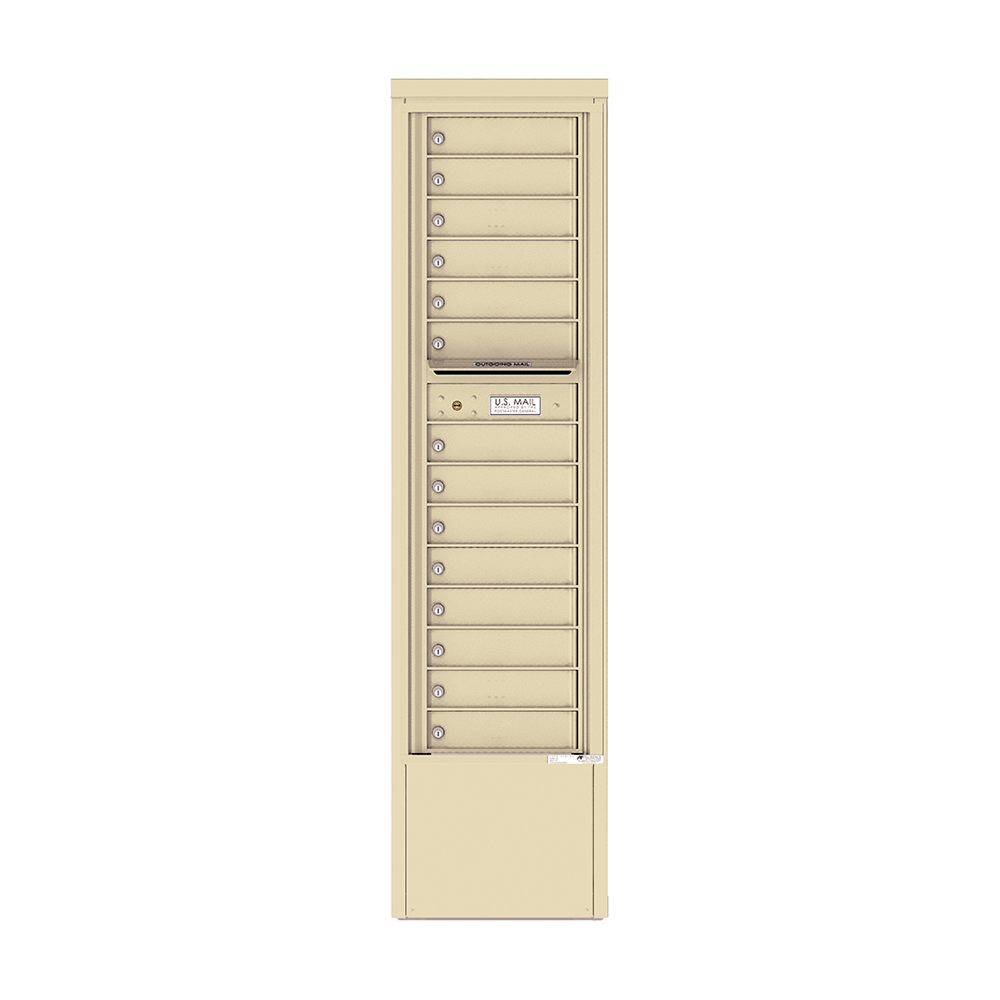 Beige multi-unit mailbox with 16 compartments and a U.S. Mail label.