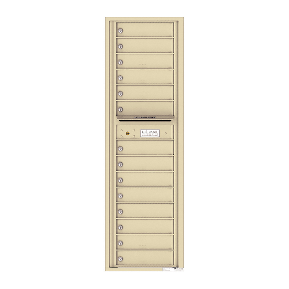 Beige multi-unit mailbox with individual locked compartments and U.S. Mail label.