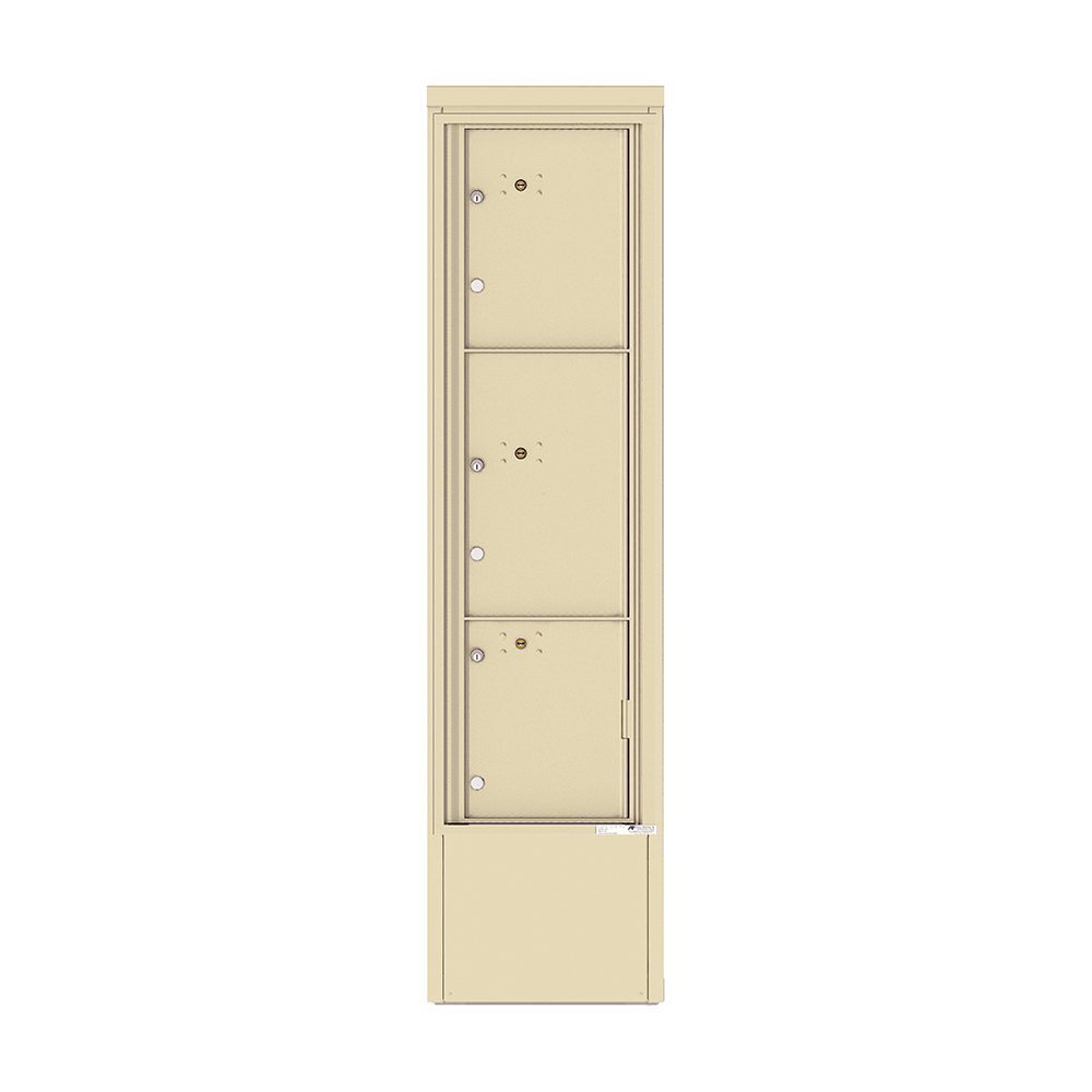 Beige vertical mailbox unit with three compartments and keyholes.