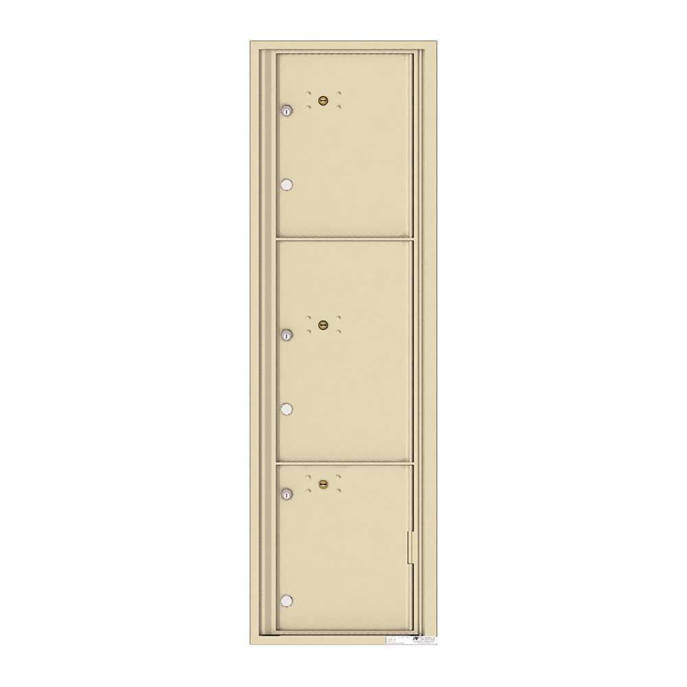 Beige three-door wall-mounted mailbox unit with locks and keyholes.