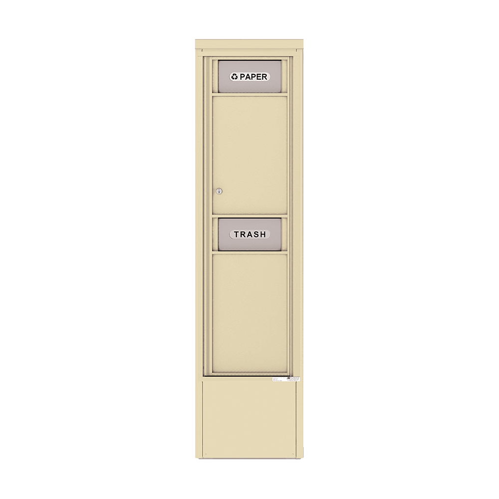 Beige dual-compartment recycling and trash bin with labeled slots for paper and trash.