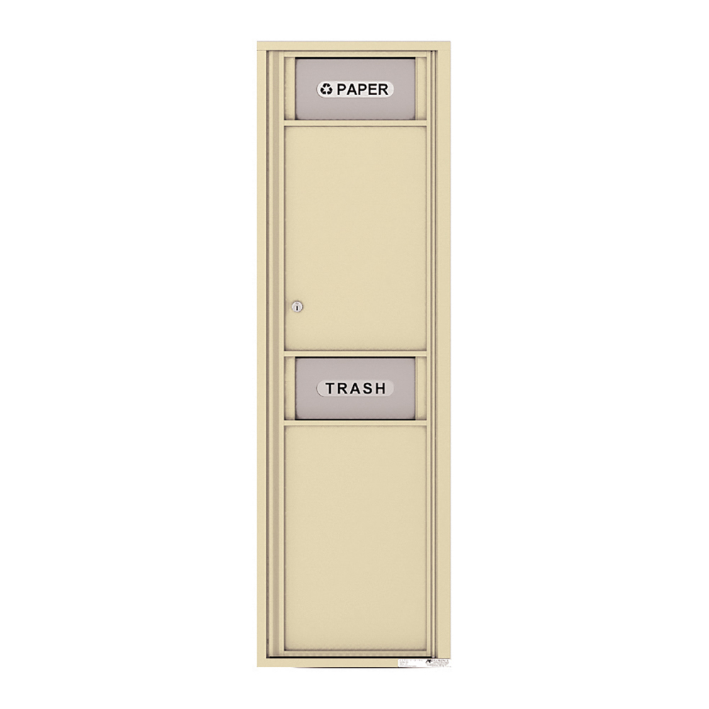 Beige dual-compartment recycling bin for paper and trash with labeled slots.