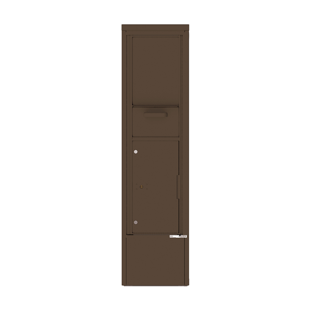 Brown vertical mailbox with multiple compartments and a lockable door.