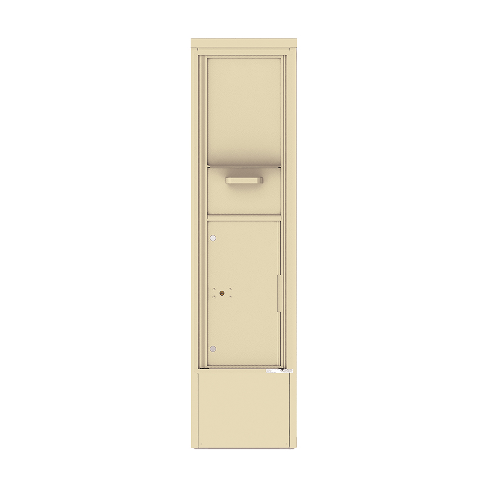 Beige vertical mailbox with parcel compartment and mail slot.