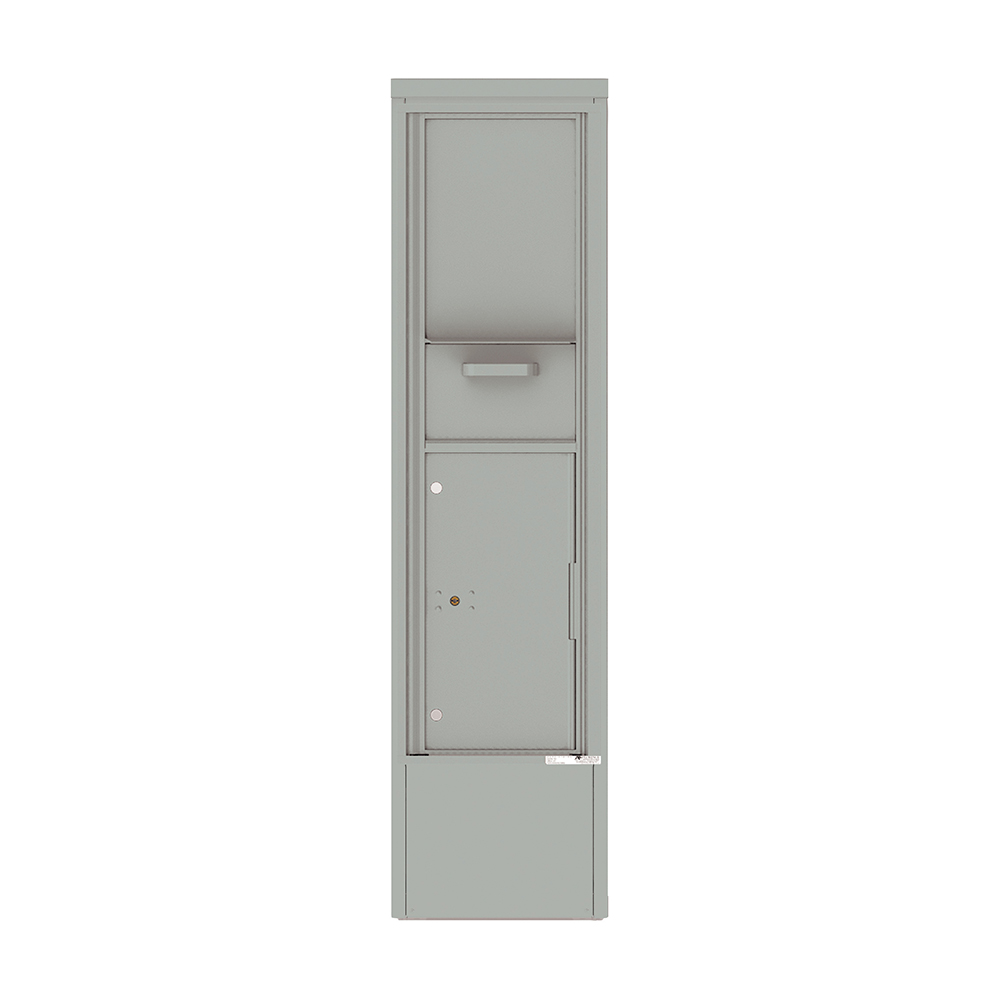 Gray vertical metal mailbox with two compartments and a mail slot.