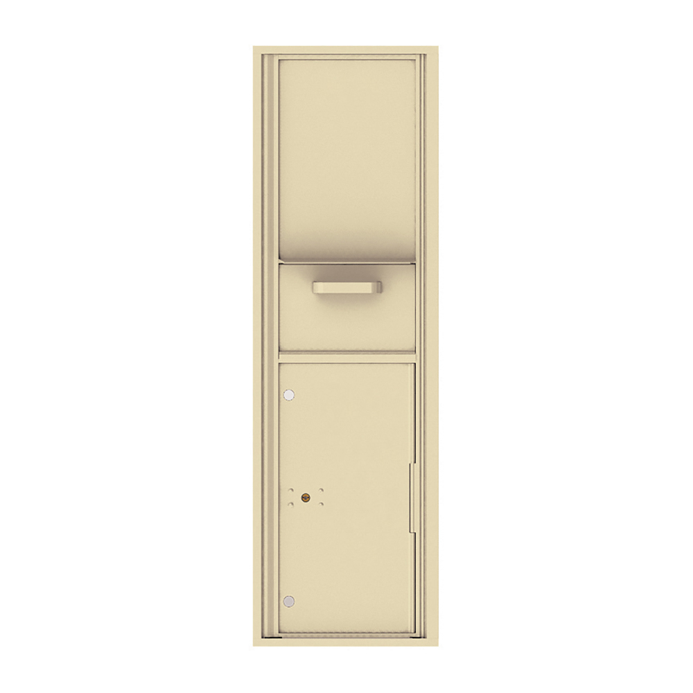 Beige vertical mailbox with mail slot and lockable compartment.