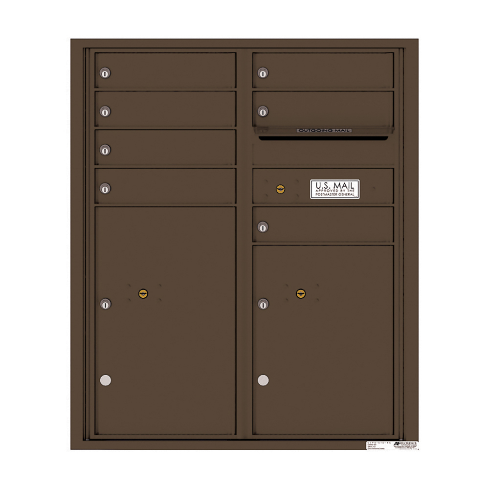 Brown wall-mounted cluster mailbox with multiple compartments and a U.S. Mail label.