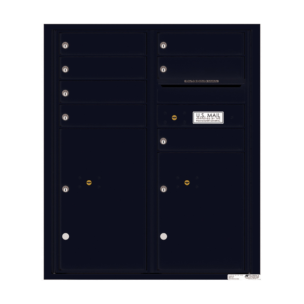 Black multi-unit mailbox with multiple compartments and a U.S. Mail label.