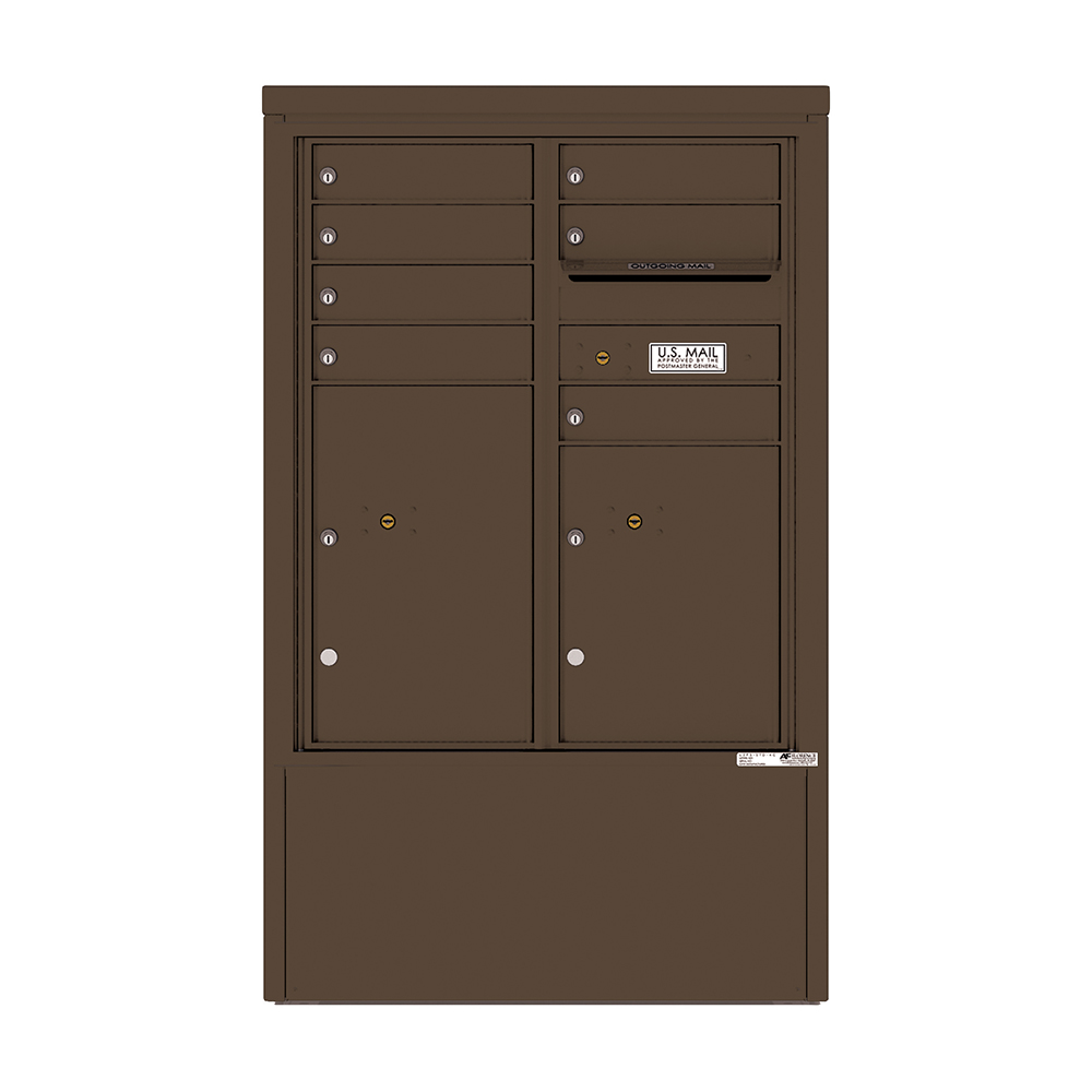 Brown multi-unit mailbox with multiple compartments and a U.S. Mail label.