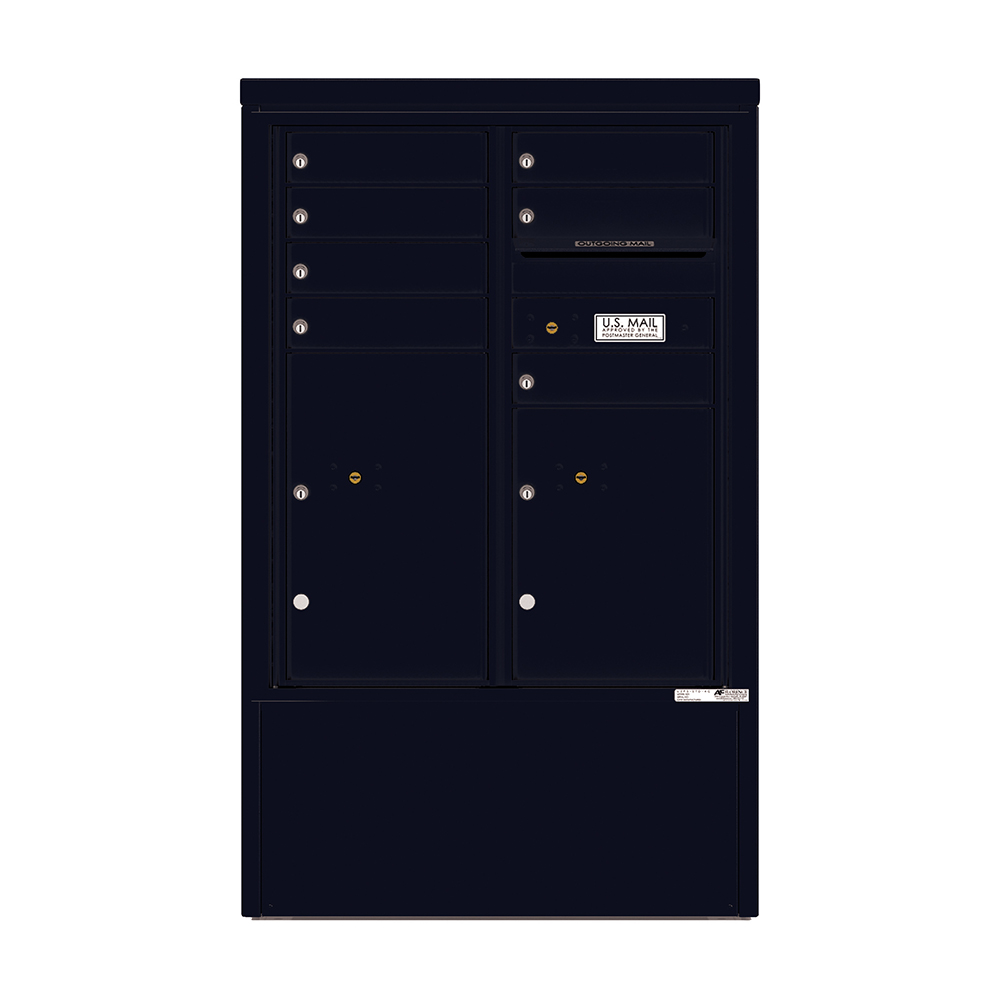 Black multi-unit mailbox with multiple compartments and a U.S. Mail label.